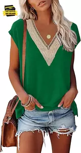 Womens Cap Sleeve Summer Tops 2025 Trendy Tank Tops Lace V Neck Loose Fit Shirts - Picture 1 of 6