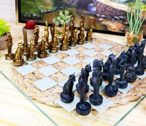 Ebros Egyptian Gods Monuments King Tut & Nefertiti Chess Pieces Glass Board Set - Picture 1 of 9