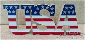  NEW 4th FOURTH OF JULY PATRIOTIC WOOD BLOCK SIGN "USA" RED WHITE & BLUE w STARS - Picture 1 of 2