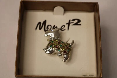 PIN BROCHE MONET 2 Scottie Scottish Terrier perro tono plata con piedras EN CAJA Foto 1 de 4
