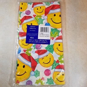 Table Cover Vintage Sealed Christmas Smile Faces with Santa Hats Tablecloth - Picture 1 of 12