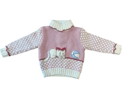 Toddlers Vintage Mauve White Kitten Ball Bow Turtleneck Knit Sweater 12 Months - Image 1 of 4