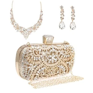 Womens Sparkly Rhinestone Crystal Clutch Bag Glitter Full Gold With Necklace - Picture 1 of 8