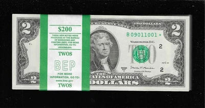 Billete de $2 2017 A New York RaDaR STAR NOTE PACK 100 SEQ BILLETES BEP STAR STRAP UNC Foto 1 de 4