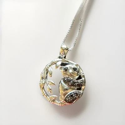 925 Sterling Silver Panda Pendant Necklace Signed JS - Black Diamond Accents 18” - Image 1 of 4