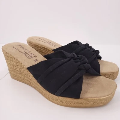 Sandalias de cuña Easy Street Toscana Italia negras con nudo de crepé deslizables para mujer 6M Foto 1 de 4