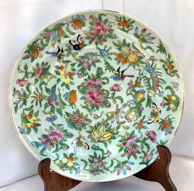 Antique 19th C. Chinese Canton Famille Rose Porcelain Celadon 9.8" HP Qing Plate - Image 1 of 4