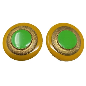 Gold & Green Enamel Shield Circle Design Clip On Earrings Vintage Mid-Century - Picture 1 of 8