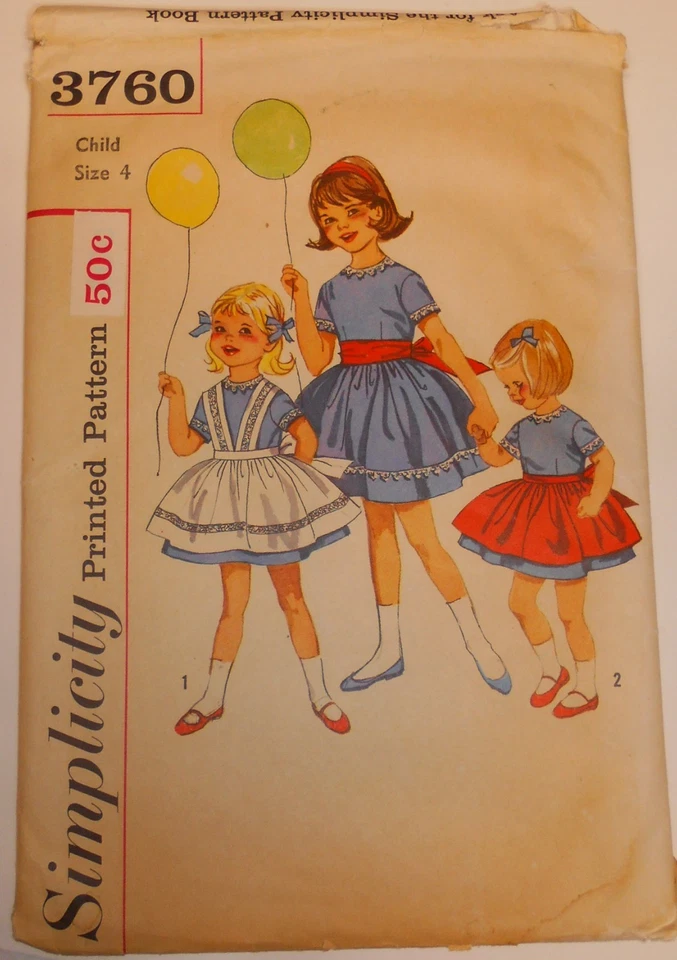 Vintage 1950's-60's Simplicity Pattern #3760 Girls Dress-Pinafore-Apron Size 4 - Image 1 of 1
