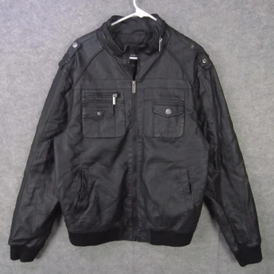 Structure Jacket Mens Large Black Faux Leather Moto Bomber Zipper Pockets Ribbed - Image 1 of 4