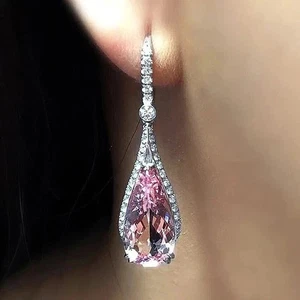 4Ct Pear Lab Created Pink Sapphire Drop Dangle Earrings 14K White Gold Plated - Picture 1 of 5