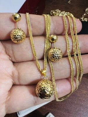 18K 750 Real Yellow Fine Gold Balls Earring & Necklace 19.6”/20” Long 7.7g 2.2mm - Image 1 of 4