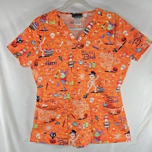 Cherokee Scrub Top Halloween Size M Orange Medical Scrub Top - Picture 1 of 7
