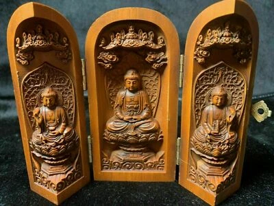Vintage Japanese Netsuke Old Boxwood Carved Three Open Buddha Box Statue - Image 1 of 4