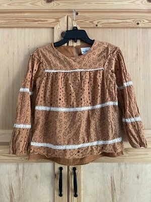 Camisa manga longa boho camponesa ocidental boho neutra marrom ilhós raras edições - Imagem 1 de 4