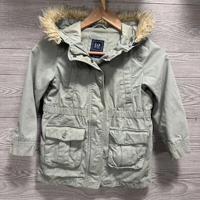 Gap Kids Hooded Green Parka Jacket S Faux Fur Pockets Zip Snap Winter Coat - Image 1 of 4