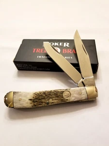 BOKER KNIFE - STAG HANDLE TRAPPER - 4 1/4" CLSD. - BK-110833ST - D2 STEEL BLADES - Picture 1 of 3