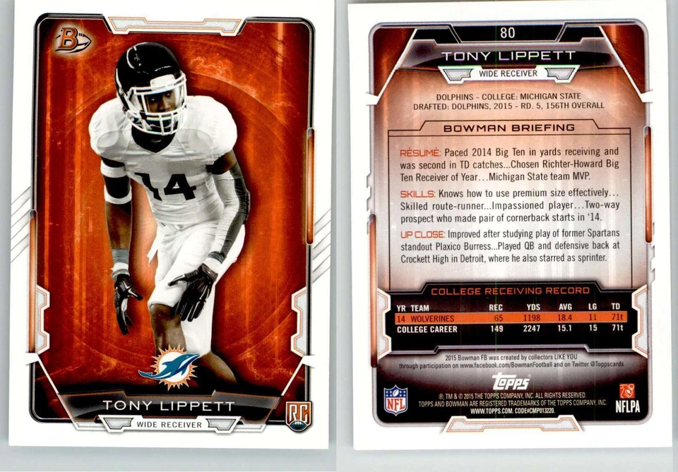 Tony Lippett 2015 Bowman #80 Dolphins RC Rookie - Image 1 of 1