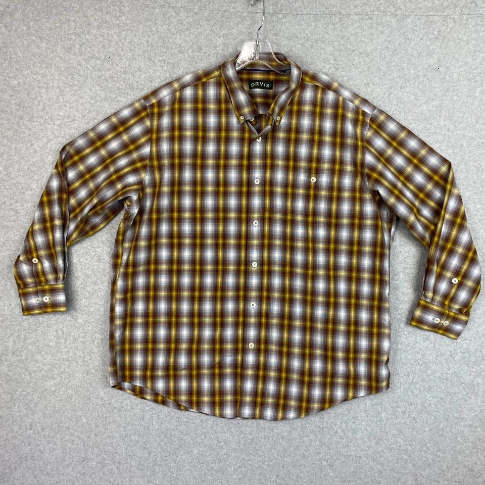 Camisa masculina Orvis XL marrom dourada manga longa bolso com botões 100% algodão casual - Imagem 1 de 4