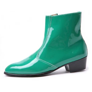 "Botas al tobillo para hombre con cremallera lateral verde brillante hechas a mano COREA 1,77" tacones cubanos - Imagen 1 de 11