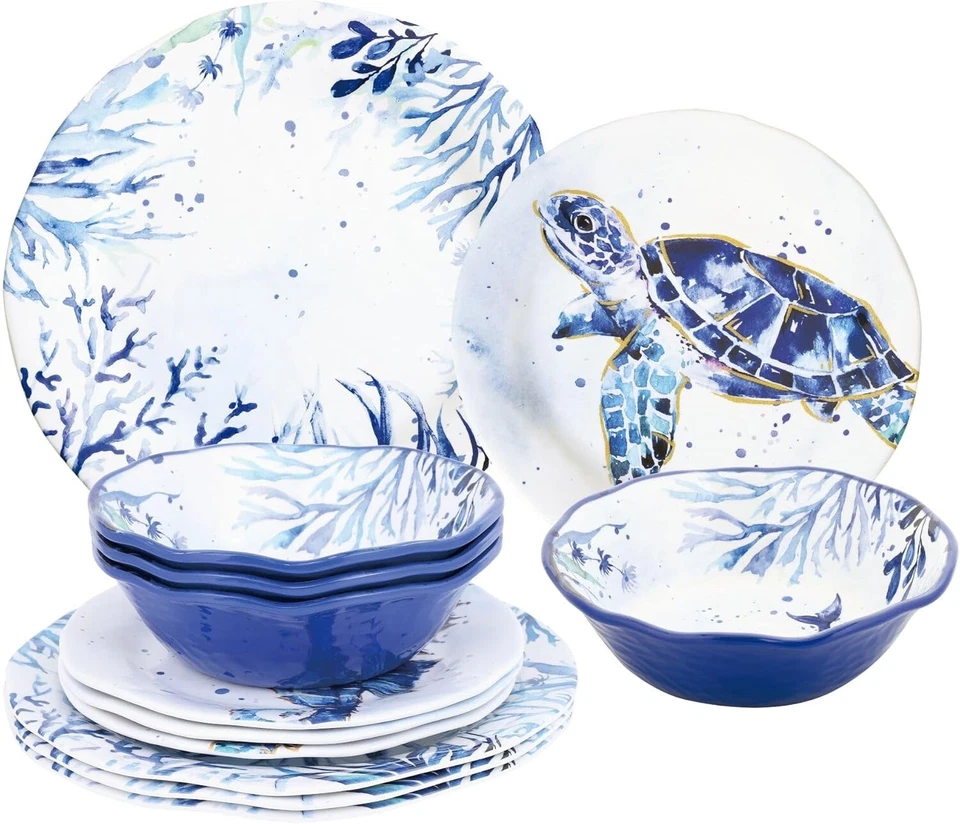 Juegos de vajilla de melamina Indigo Sea Life de 12 piezas, juego de platos de exterior, juego de 4 Foto 1 de 4