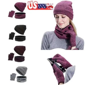 Winter Women Men Knit Warm Beanie Hat and Scarf &Touch Screen Gloves Set - Picture 1 of 14