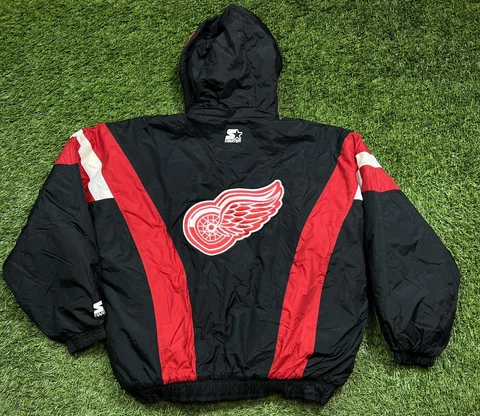 Vintage 90's Starter Detroit Red Wings NHL Puffer Hooded Jacket Men's XL Black Cover