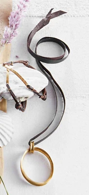 Leather Bolo Necklace Brass Ring Pendant, 26" L -Roost Overstock/Banana Republic - Image 1 of 4