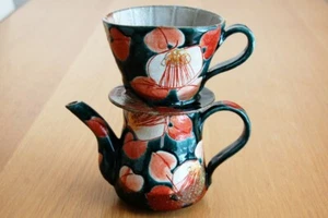 Coffee Dripper and Pot set Kutani yaki ware Yusai Camellia Handcraft Japan - Picture 1 of 5