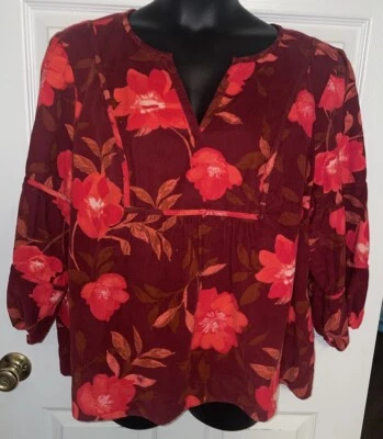 Top campesino Sonoma Plus talla 2X rojo floral manga 3/4 pana algodón romántico usado en excelente estado Foto 1 de 4