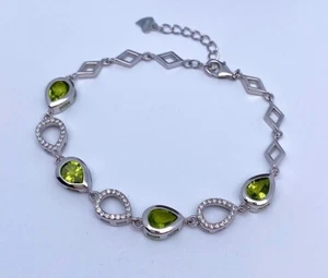 Natural Peridot and Cubic Zirconia gemstones Bracelet, sterling silver 925, 7Inc - Picture 1 of 4