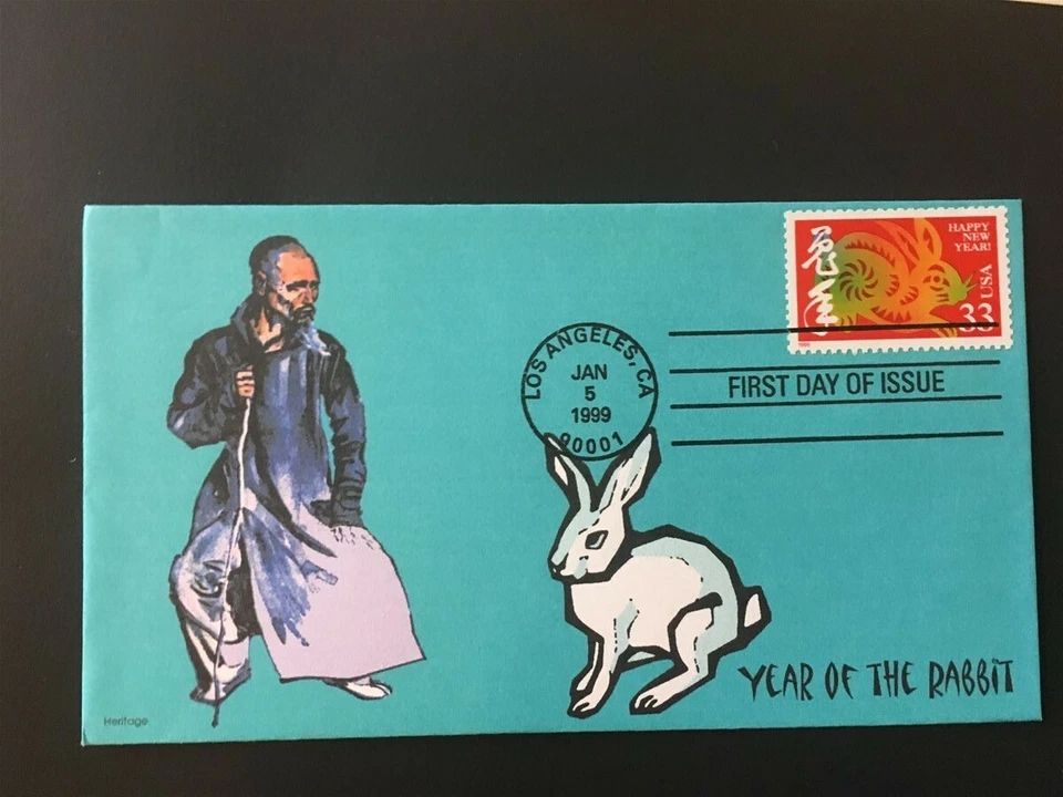YEAR of the HARE, 1999 First Day of Issue, pic white Rabbit, Los Angeles, CA - Image 1 of 1