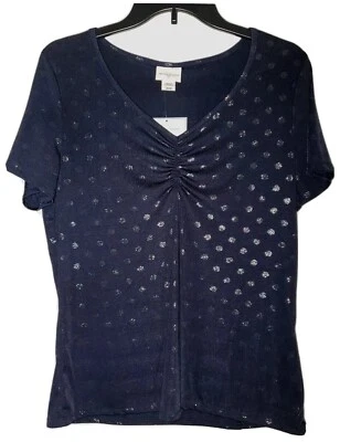 Top para mujer Jaclyn Smith azul marino y plateado lunadote manga corta cuello en V talla M Foto 1 de 4