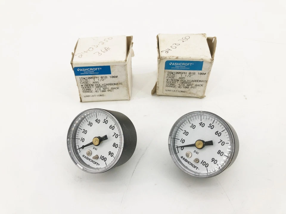 Lot of 2 New Ashcroft 15W1005PH 01B 100# Pressure Gauges 1-1/2" 0-100psi - Image 1 of 4