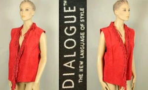 DIALOGUE Red Suede Leather Sleeveless Cropped Coat Jacket Vest w/ Fringed Trim L - Picture 1 of 8