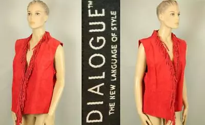 DIALOGUE Red Suede Leather Sleeveless Cropped Coat Jacket Vest w/ Fringed Trim L - Image 1 of 4