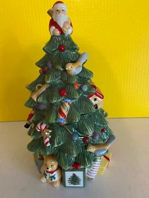Spode Christmas Tree Cookie Jar NIB Shiny Finish Bright Colors 12 1/2" Tall 7" W - Image 1 of 4