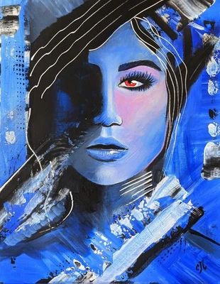 Pintura original sobre lienzo. Arte de retrato facial abstracto moderno azul. ÚNICO. 14x11 Foto 1 de 4