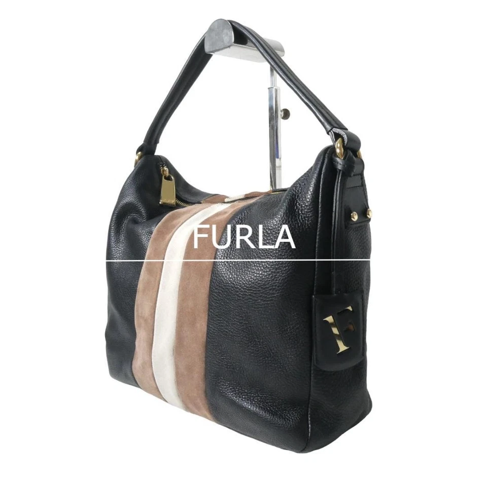 Bolso Bandolera FURLA Cuero Rayas Logo Dije Negro Gamuza Acento Excelente Foto 1 de 4