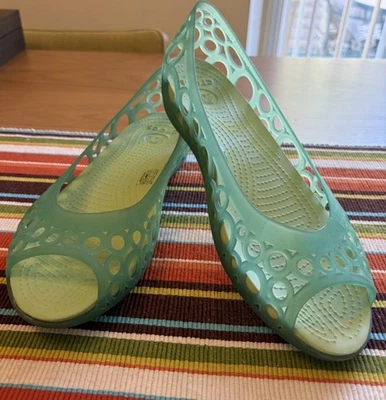 Crocs Womens Size 10 Green Jelly Peep Toe Cut Out Adrina Flat  - Image 1 of 4