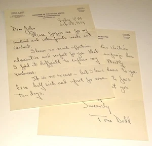 1954 Thomas Dodd hand written apology letter to John Davis Lodge - Picture 1 of 2