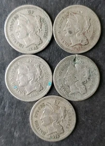 1865, 1866, 1866, 1868, and 1876 3c Liberty Head Three-Cent Nickel Pieces - Picture 1 of 3