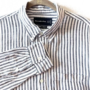 Abercrombie & Fitch Men MT Medium Tall Stripe Pocket Linen Button Down Shirt - Picture 1 of 10