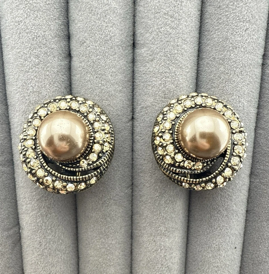 Heidi Daus Earrings Spiral Round Imitation Pearl Rhinestones Mocha Omega Back - Image 1 of 4