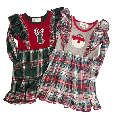 Marie Nicole Christmas Plaid Dress SZ S Ruffle Trim Santa Deer Holiday SET/2 - Image 1 of 4