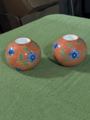 Hand-Painted Orange & Blue Floral Ceramic Candle Holders – Set of 2 - Image 1 of 4
