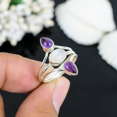 Ametista E Pietra di Luna Anello 925 Argento Sterling Fatto a Mano Boho Gemma - Immagine 1 di 4