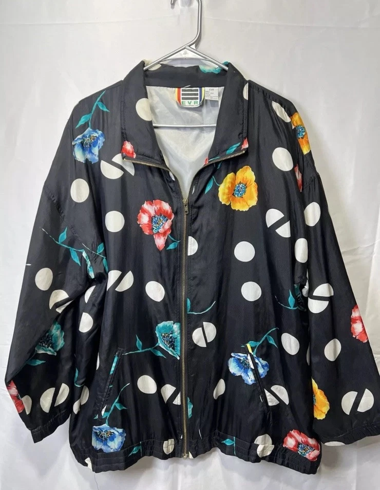 Chaqueta cortavientos EVR 100 % seda de colección años 80 MÁS 1X lunares florales Foto 1 de 4
