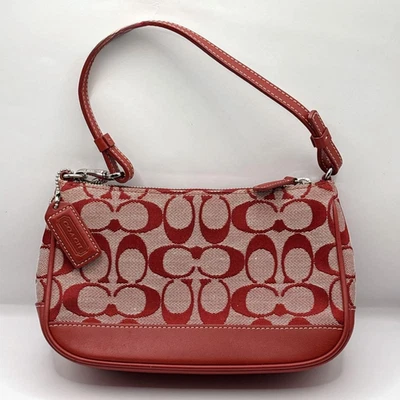COACH Signature Demi Mini Pouch Shoulder Bag Canvas Leather Red 6094 - Image 1 of 4