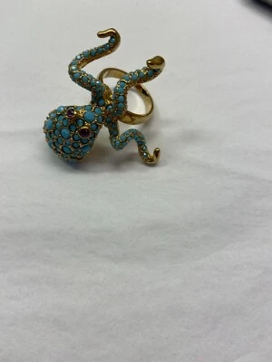 Vintage KJL Kenneth J Lane Faux Turquoise Octopus Ring Goldtone Rhinestone Eyes - Image 1 of 3